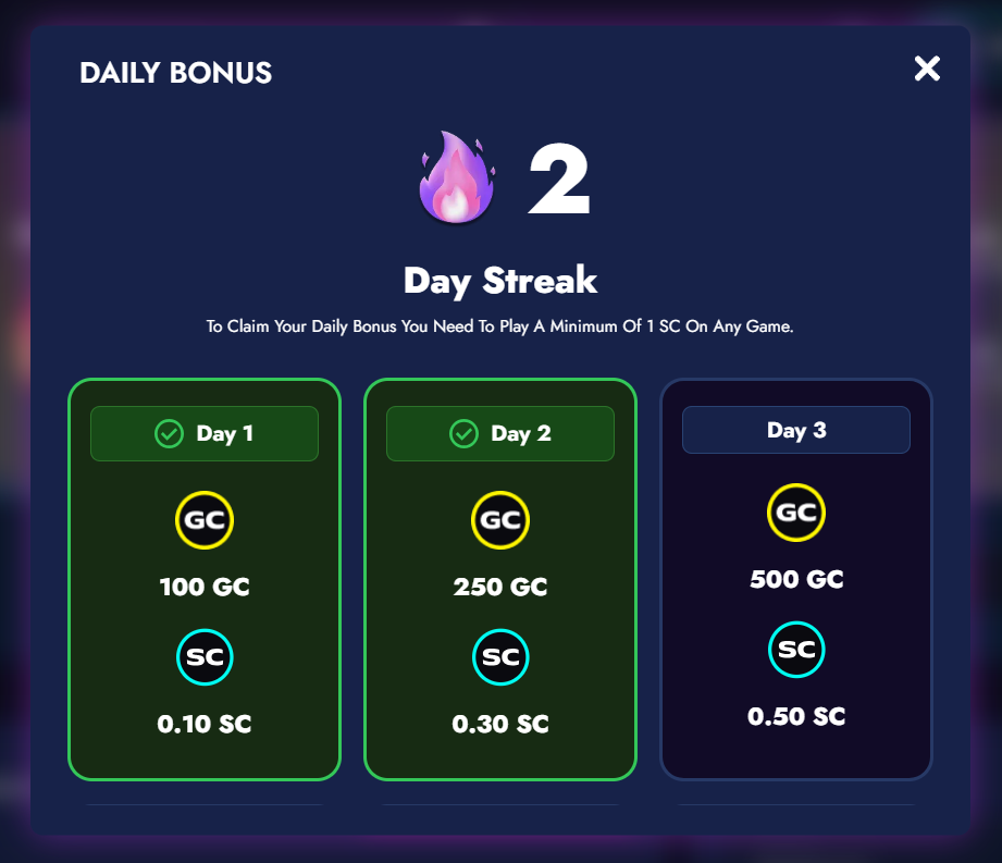 Daily reward cards showing GC and SC per day