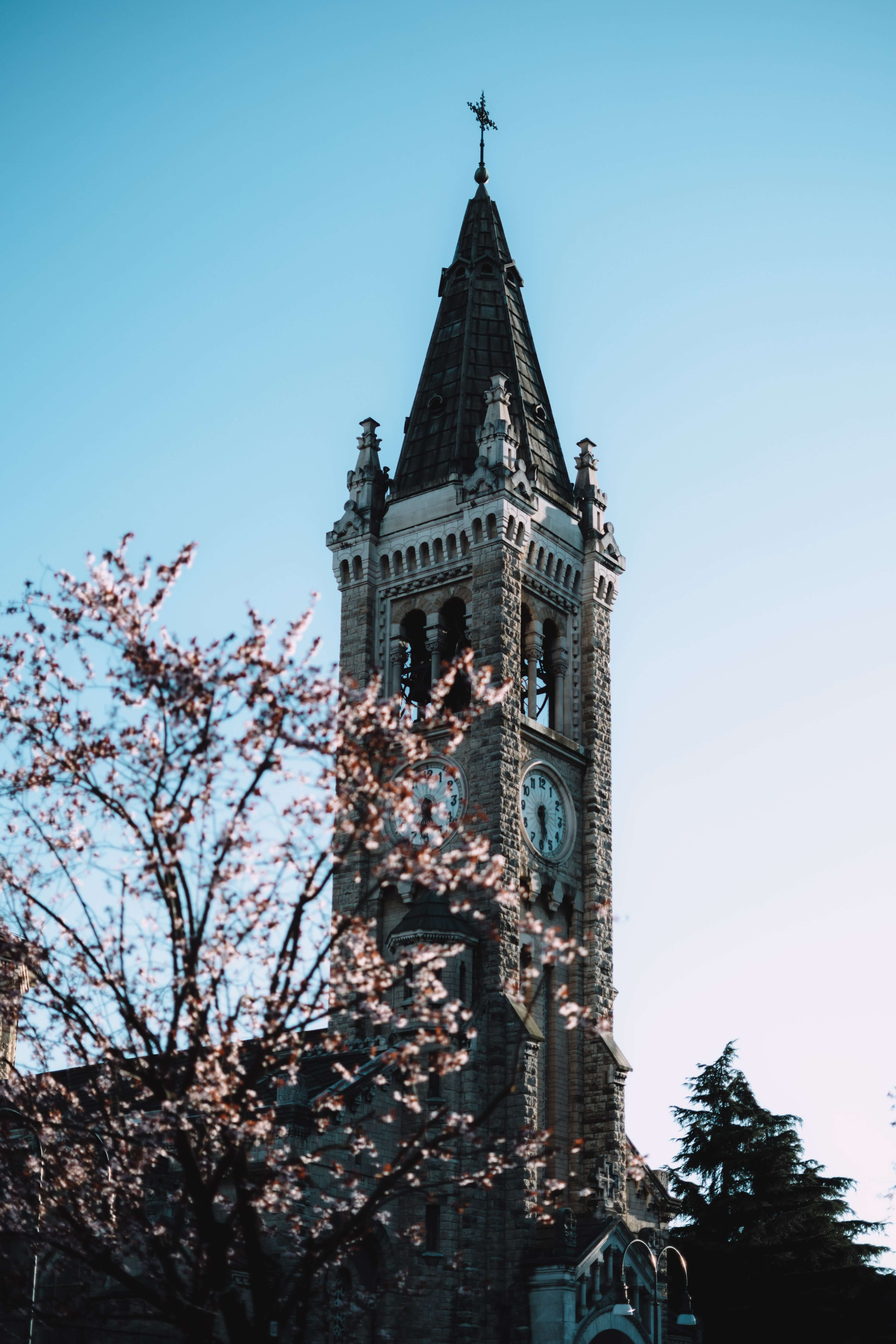 A clock tower of a church