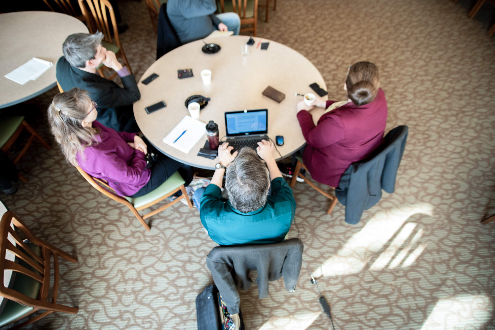 overhead view of students working at table